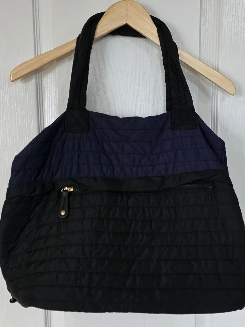 Sondra Roberts Squared Quilted Tote Bag, Navy and Black With Goldtone Hardware.